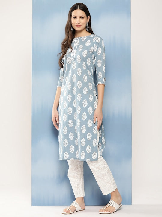 Yufta Women Blue Ethnic Motifs Printed Regular Thread Work Pure Cotton Kurta with Palazzos & With Dupatta