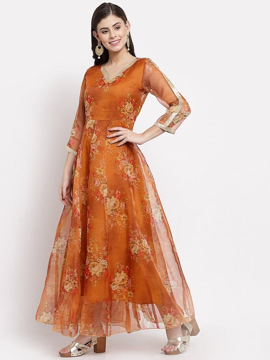Myshka Brown Floral Printed Anarkali Dress