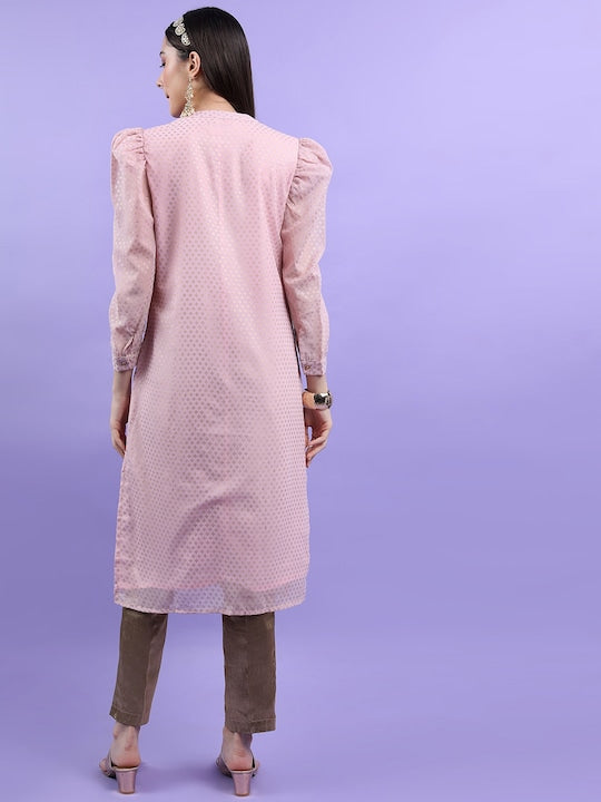 Vishudh Pink Ethnic Motifs Printed Puff Sleeves Kurta