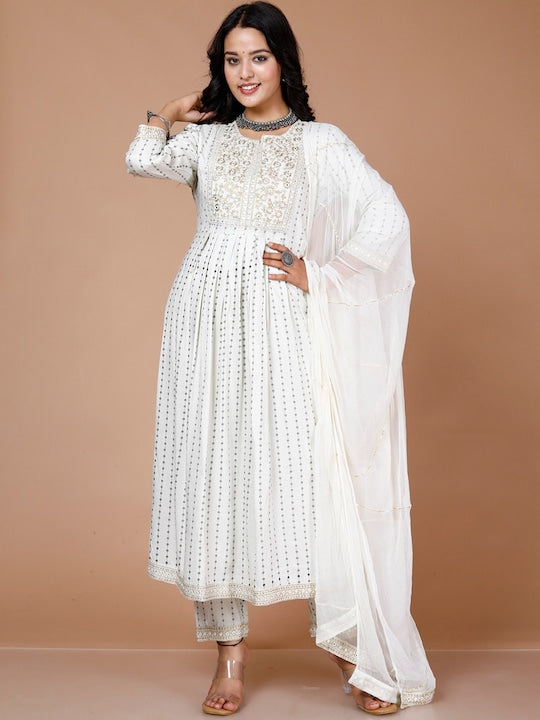 Here&now Women White Printed Empire Kurta with Trousers & With Dupatta