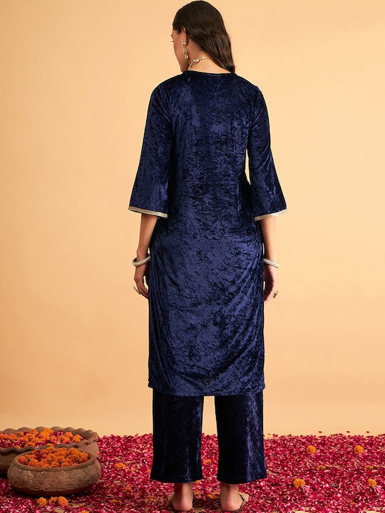 Shae by Sassafras Navy Blue Thread Work Velvet Straight Kurta