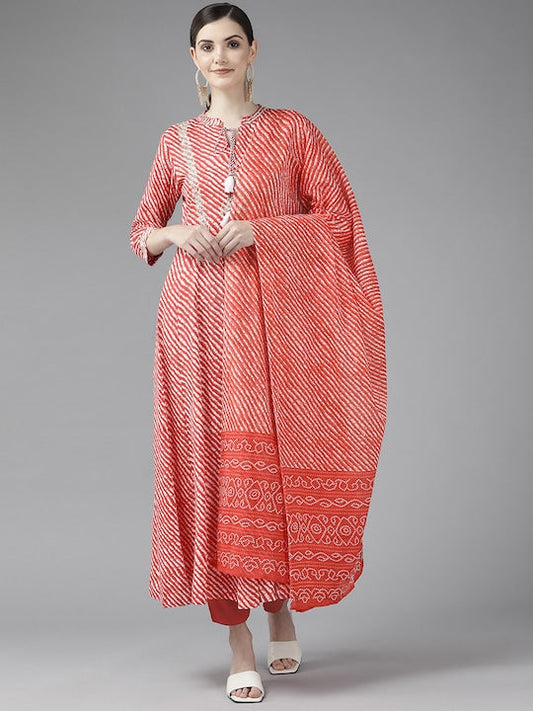 Yufta Women Rust Red & White Leheriya Sequinned Kurta with Trousers & With Dupatta