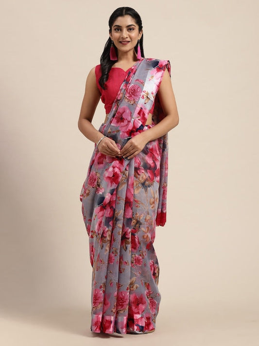 Saree mall Grey & Pink Linen Blend Floral Printed Saree