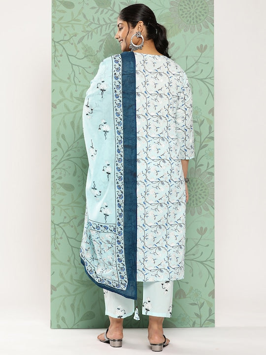 Yufta Plus Size Floral Printed Regular Pure Cotton Kurta With Trousers & Dupatta