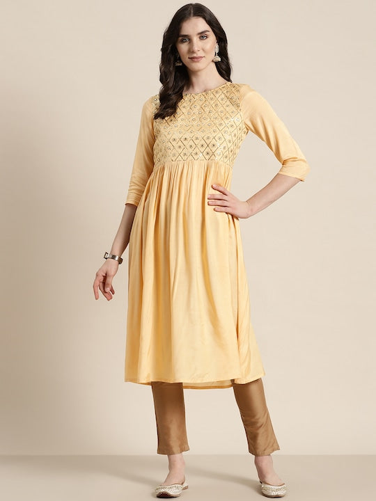 Here&now Sequined Mirror Work A-Line Kurta
