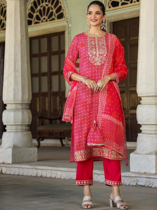 Scakhi Bandhani Printed Regular Thread Work Kurta with Trousers & Dupatta