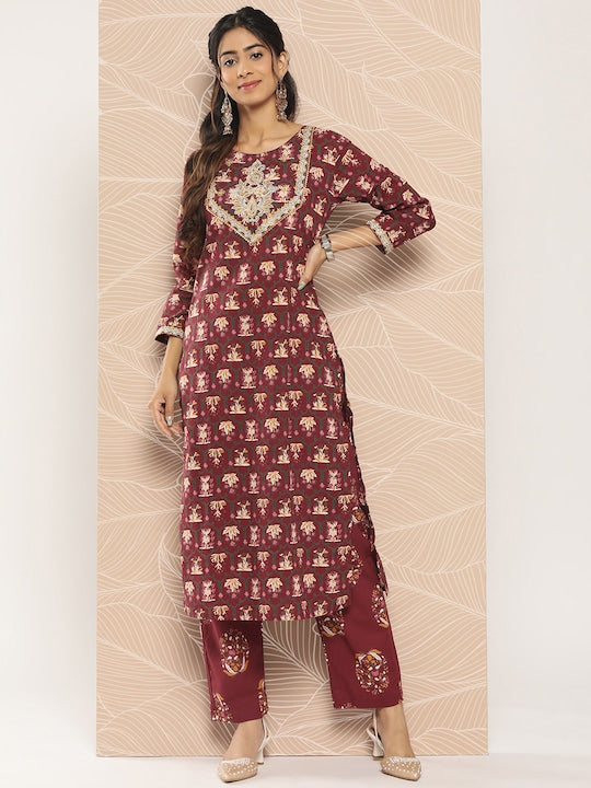 Yufta Ethnic Motifs Printed Regular Gotta Patti Pure Cotton Kurta with Palazzos
