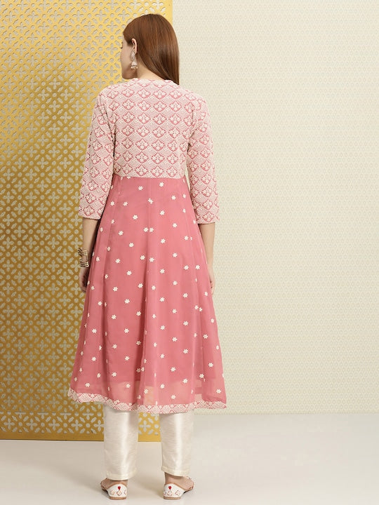 House of Pataudi Women Pink Ethnic Motifs Embroidered Jashn Kurta