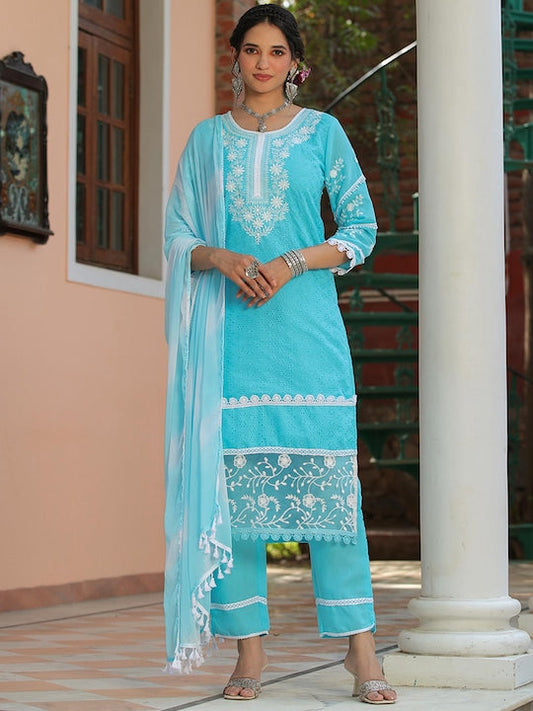 SCAKHI Floral Embroidered Chikankari Schiffli Pure Cotton Kurta With Trousers & Dupatta