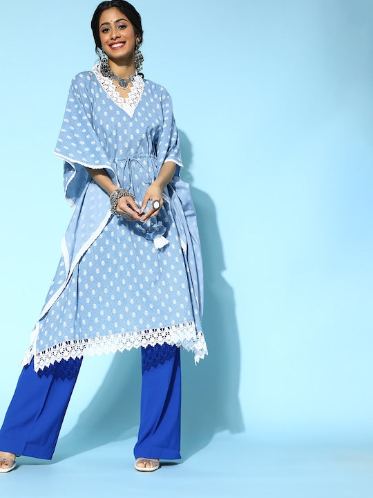 Yufta Stunning Blue Cotton Kaftan Kurta