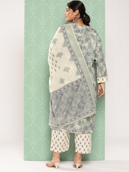 Yufta Women Plus Size Floral Printed Pure Cotton Kurta with Trousers & With Dupatta - 6XL