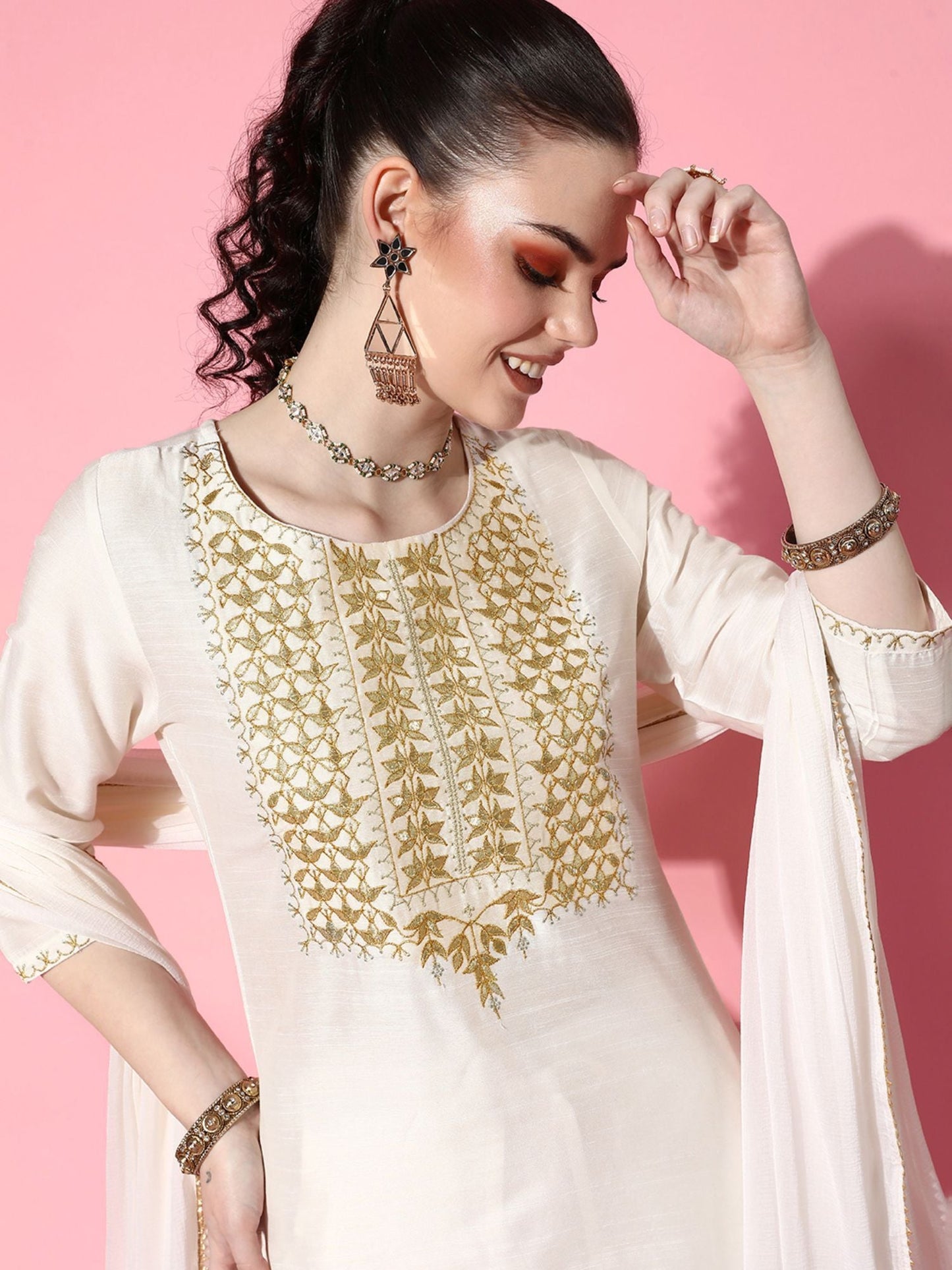 ISHIN Womens Cotton Blend Off White Yoke Design A-Line Kurta Trouser Dupatta (Set of 3)