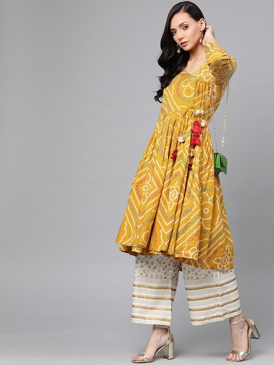 Anubhutee Women Mustard Yellow & Off White Bandhani Print Kurta with Palazzos