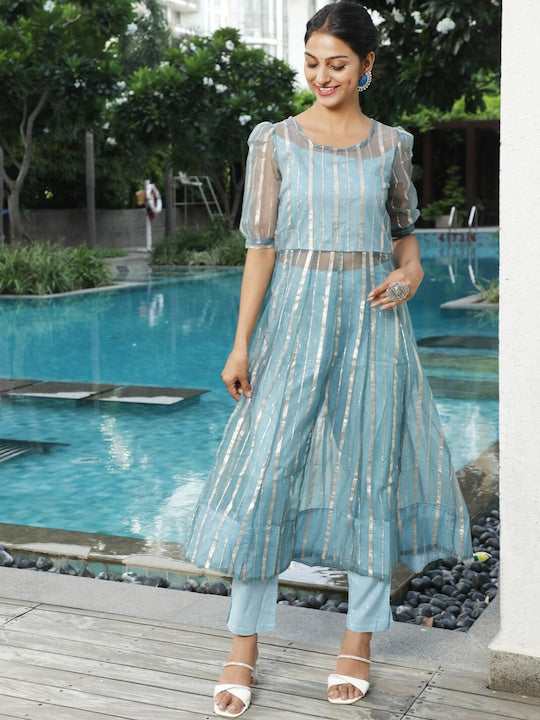 AKS Couture Striped Woven Design Anarkali Kurta With Trousers