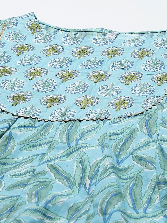 Yufta Women Blue Printed Panelled Pure Cotton Kurta with Trousers & With Dupatta