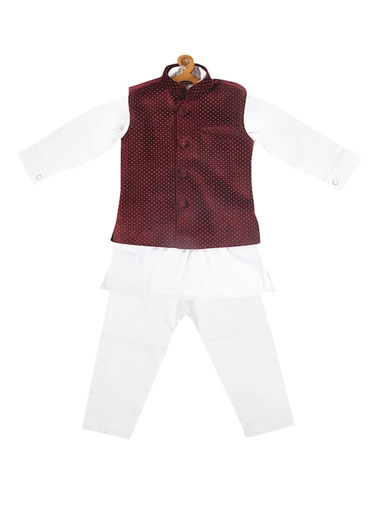 Vastramay Sishu Infant Boys White & Maroon Cotton Blend Polka Dot Printed Kurta & Pyjamas With Nehru Jacket