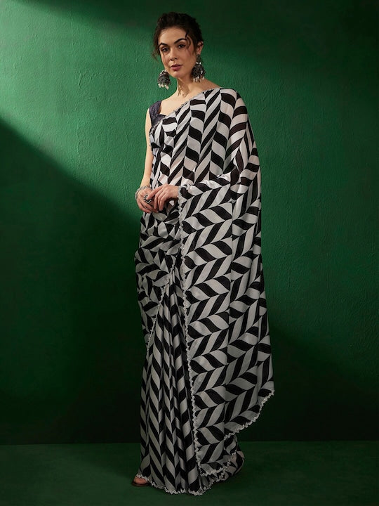 Sangria Striped Embellished Beads and Stones Sarees