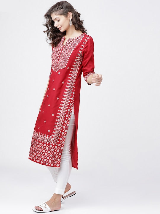 Vishudh Women Red & Off White Ethnic Motifs Printed Thread Work Kurta