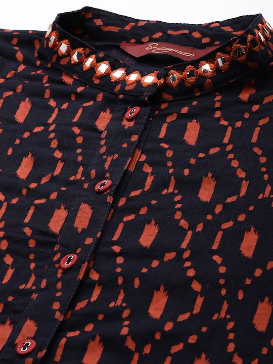 Sangria Women Navy Blue & Rust Red Pure Cotton Abstract Printed Mirror Work Detail Kurta