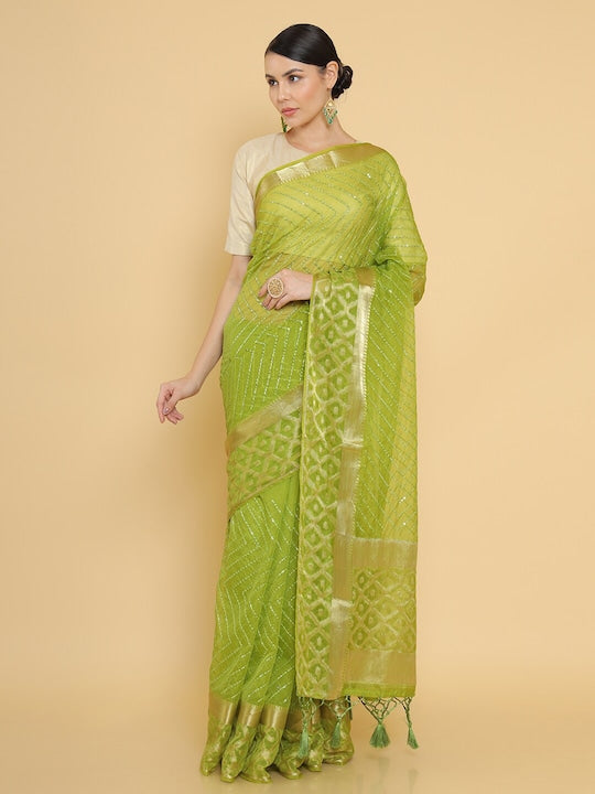 Soch Green & Gold Toned Striped Zari Organza Saree