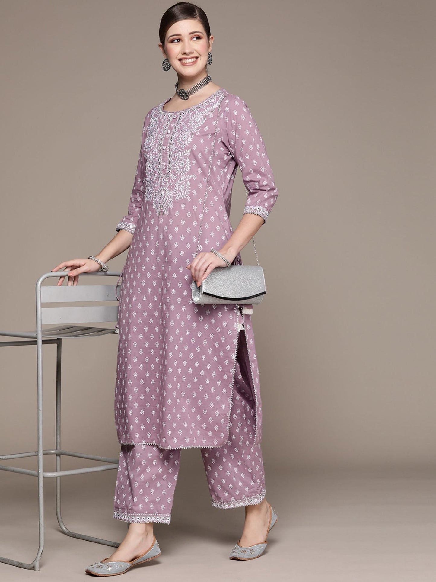 ISHIN Womens Purple Embellished A-Line Kurta with Palazzo (Set of 2)