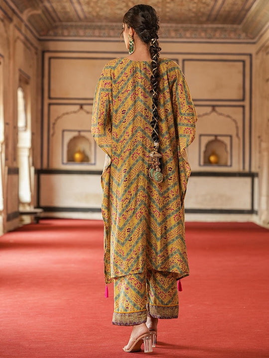 SCAKHI Ethnic Motifs Printed Beads & Stones Kaftan Kurta With Palazzos