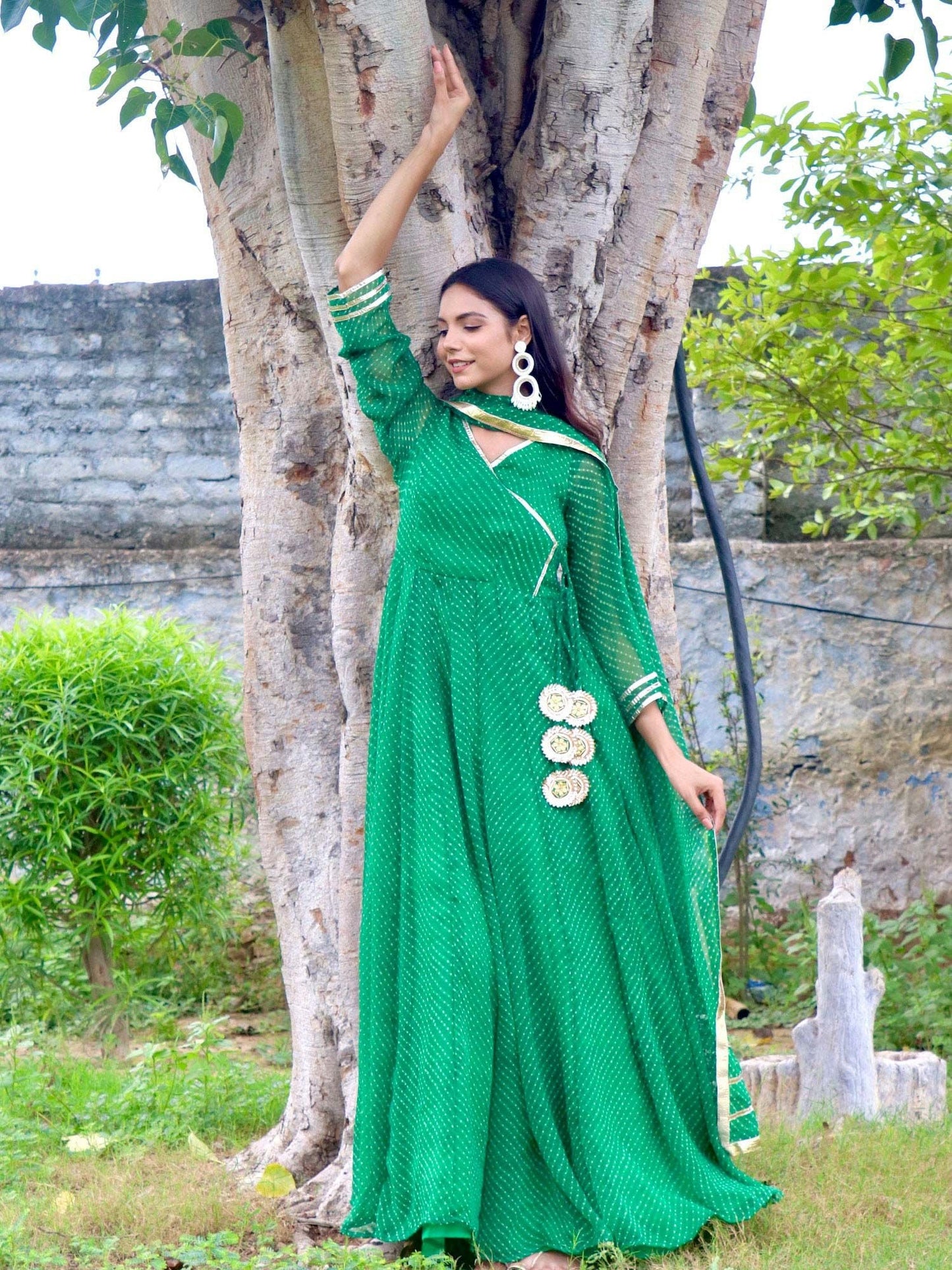 ONEWE INDIA Rakhi Mothra Anarkali Set (Set of 3) - Green