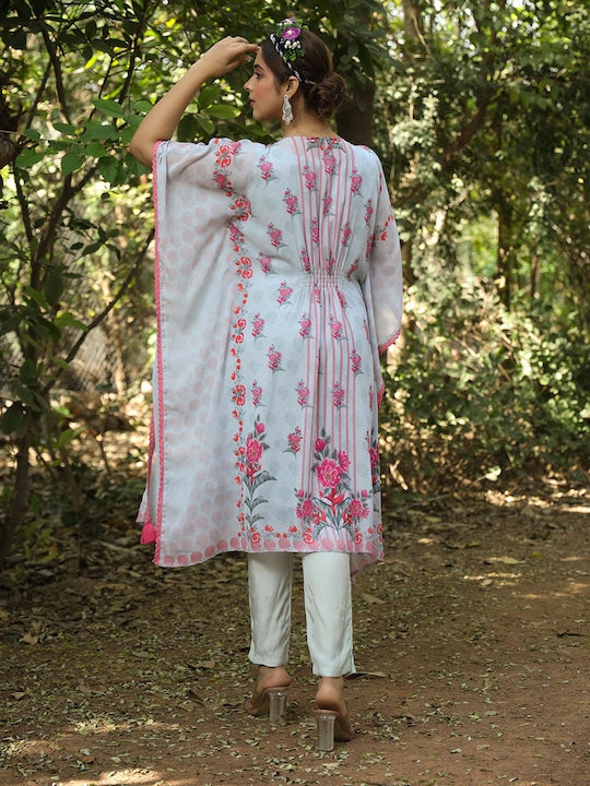 SCAKHI Floral Printed Mirror Work Kaftan Kurta with Trousers