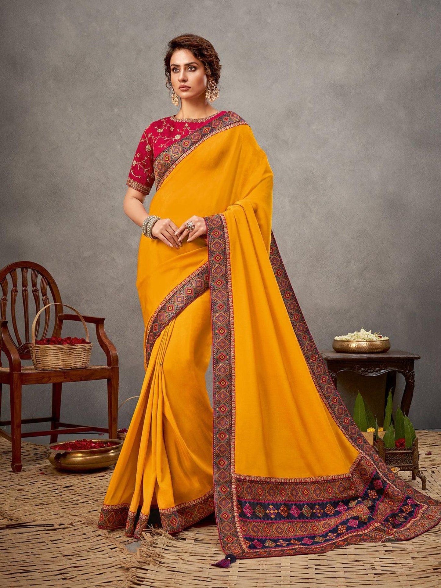 Odette Yellow Satin Silk Saree with Unstitched Blouse