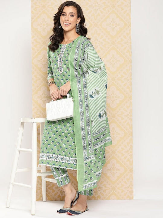 Yufta Women Floral Printed Regular Pure Cotton Kurta with Trousers & With Dupatta