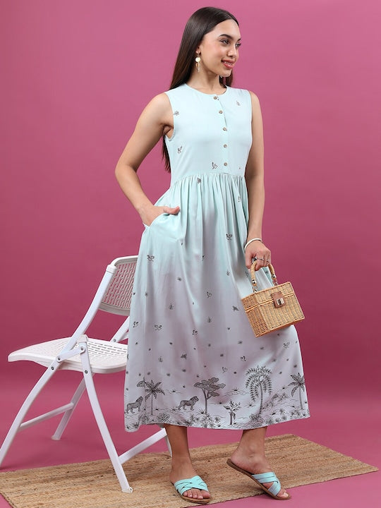 Vishudh Blue Floral Printed Fit And Flare Midi Ethnic Dress