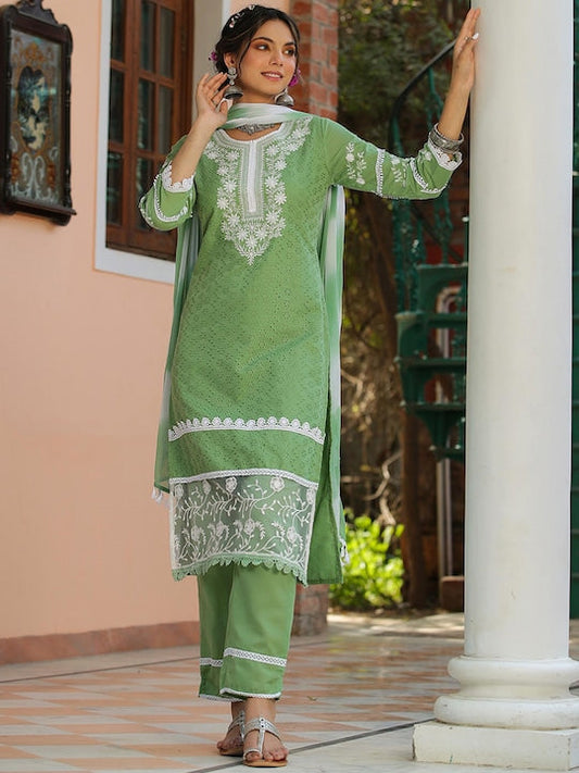 SCAKHI Floral Embroidered Chikankari Pure Cotton Kurta With Trousers & With Dupatta