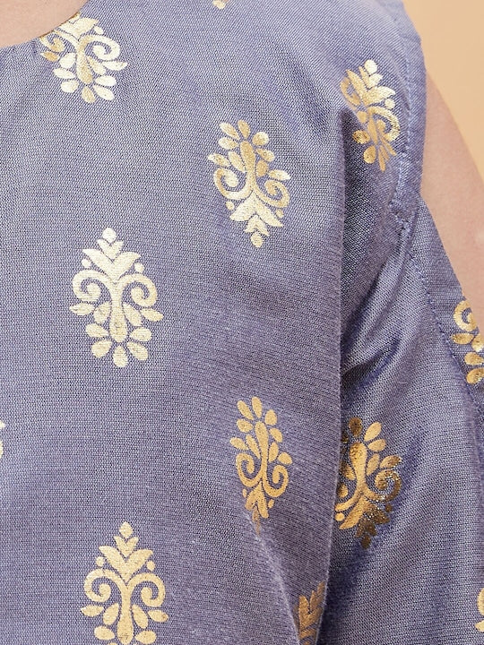 Vastramay Girls Foil Printed Cold-Shoulder Fit and Flare Ethnic Dress