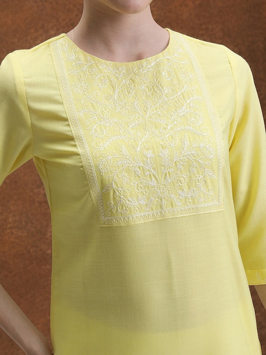 Vishudh Yellow Floral Yoke Design Thread Work Straight Kurta