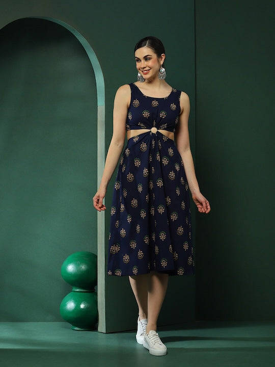 AKS Floral Print A-Line Cotton Cut-Out Midi Dress