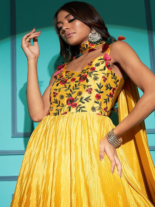 Mitera Yellow Floral Embroidered Sequinned Silk Fit & Flare Maxi Ethnic Dress With Dupatta