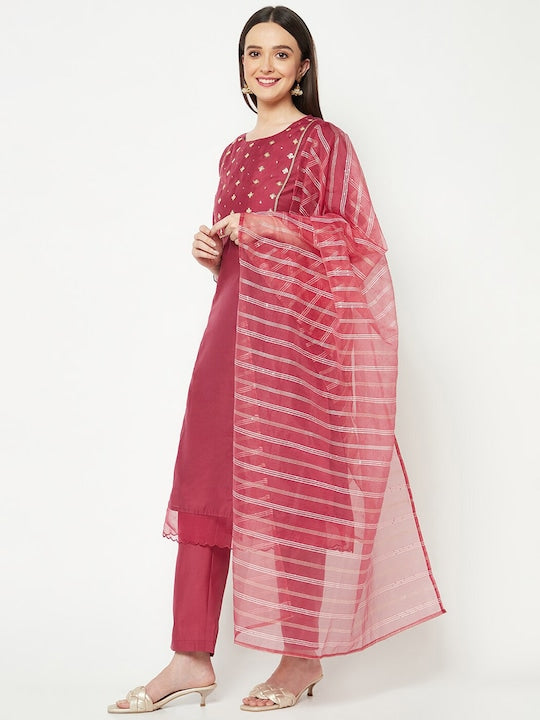 IMARA Floral Yoke Design Sequinned Detail Regular Kurta & Trousers With Dupatta