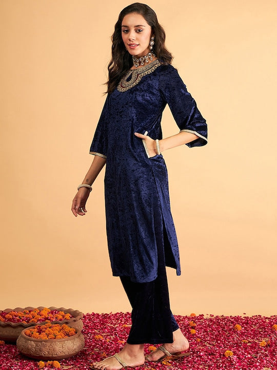 Shae by Sassafras Navy Blue Thread Work Velvet Straight Kurta