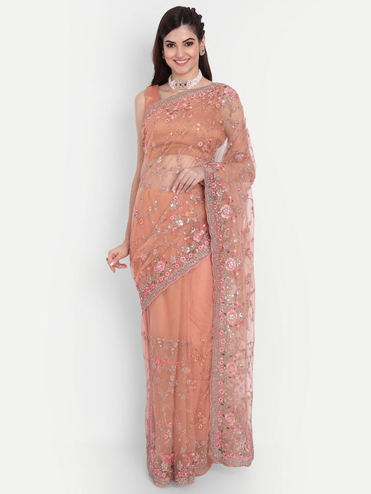 Kasee Women Peach-Coloured Floral Embroidered Net Saree