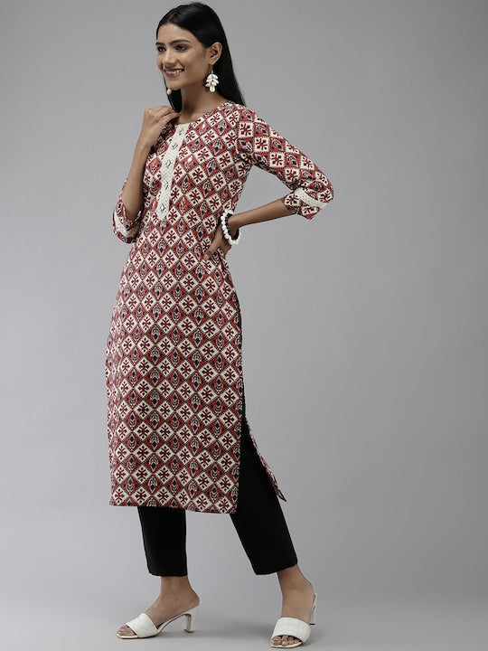 Yufta Women Beige & Maroon Ethnic Motifs Printed Cotton Indie Prints Kurta
