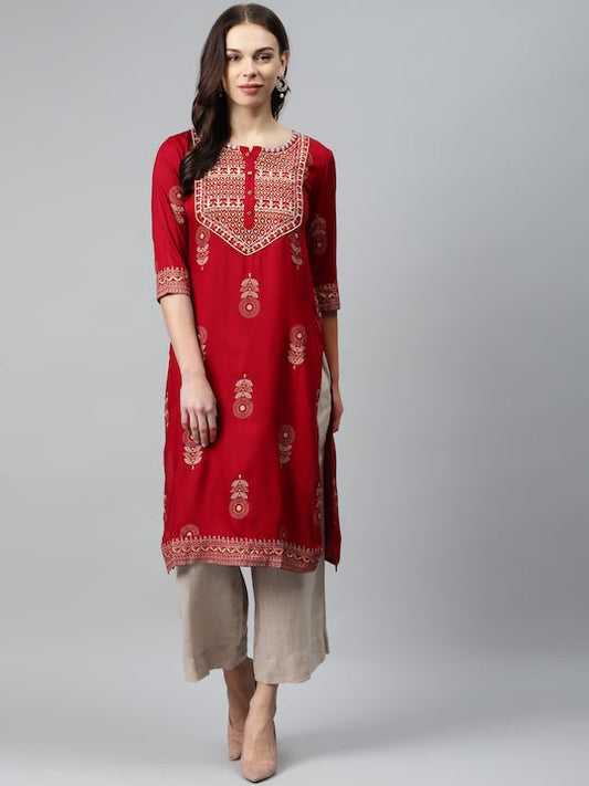 Anubhutee Women Maroon & Golden Printed Straight Kurta