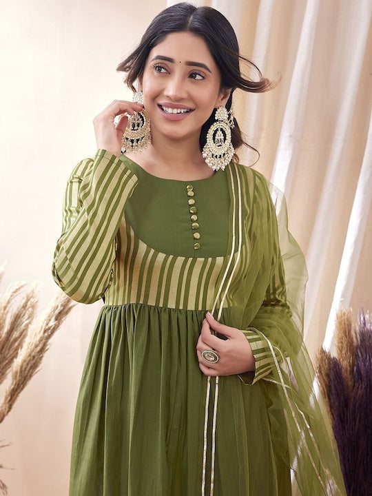 Mitera Green Striped Gotta Patti Regular Kurta With Trousers & Dupatta