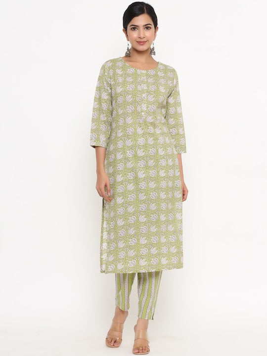 Yufta Green Floral Printed Pure Cotton Kurta with Trousers