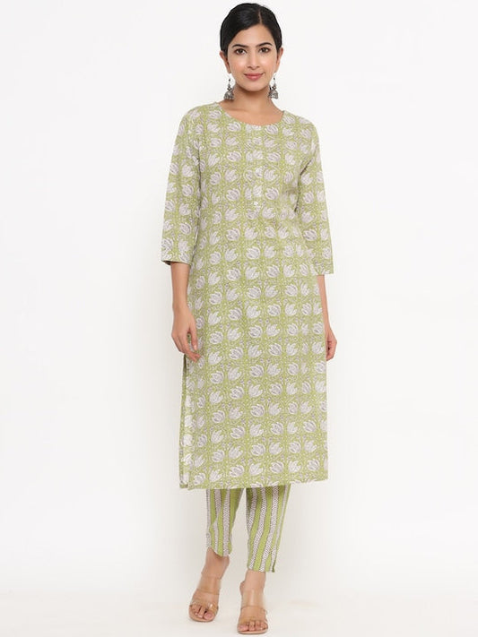 Yufta Green Floral Printed Pure Cotton Kurta with Trousers
