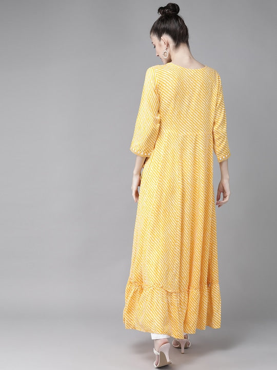 Yufta Women Yellow & White Leheriya Printed Kurta With Coffee Bean Shell Detail