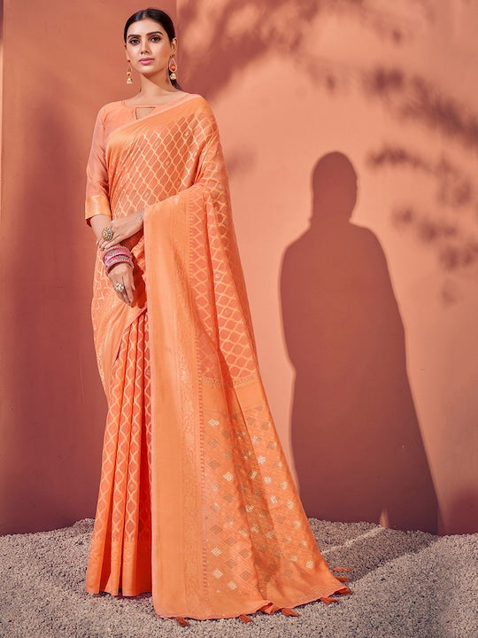 Sangria Peach Colour Ethnic Motifs Woven Design Zari Saree