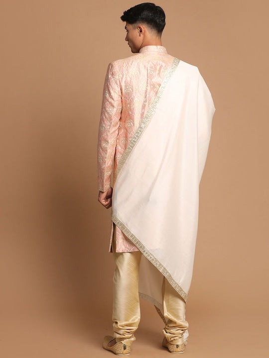 Vastramay Men Pink & Golden Woven Design Sherwani With Embellished Dupatta