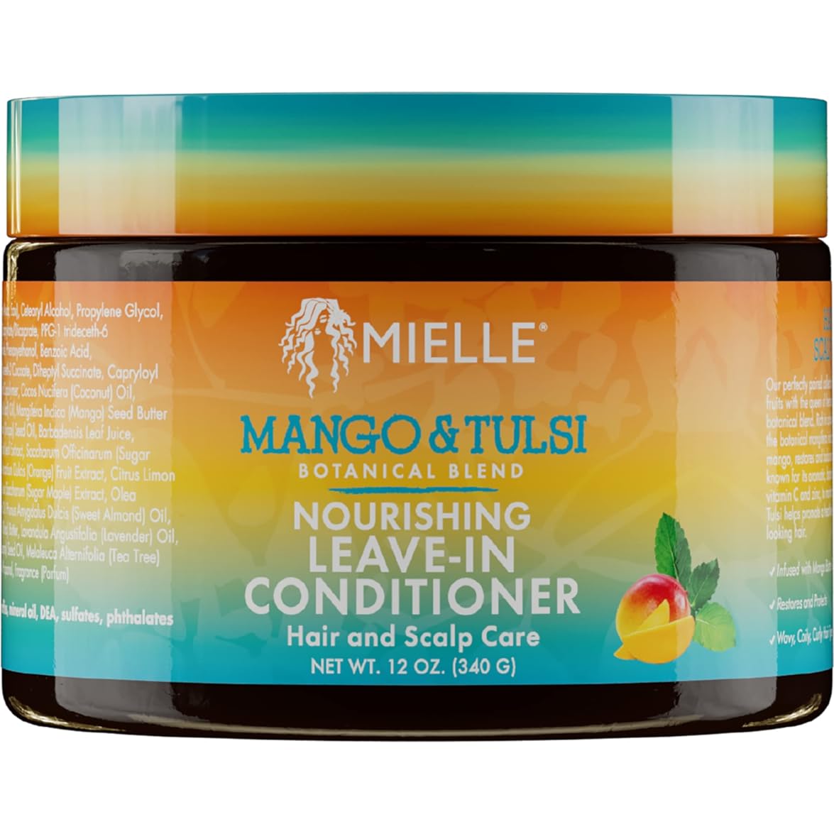 Mielle Organics Mango & Tulsi Nourishing Leave-In Conditioner for Wavy & Curly Hair, Moisturizes, Detangles, and Strengthens, Vegan and Cruelty-Free, 12 Ounce