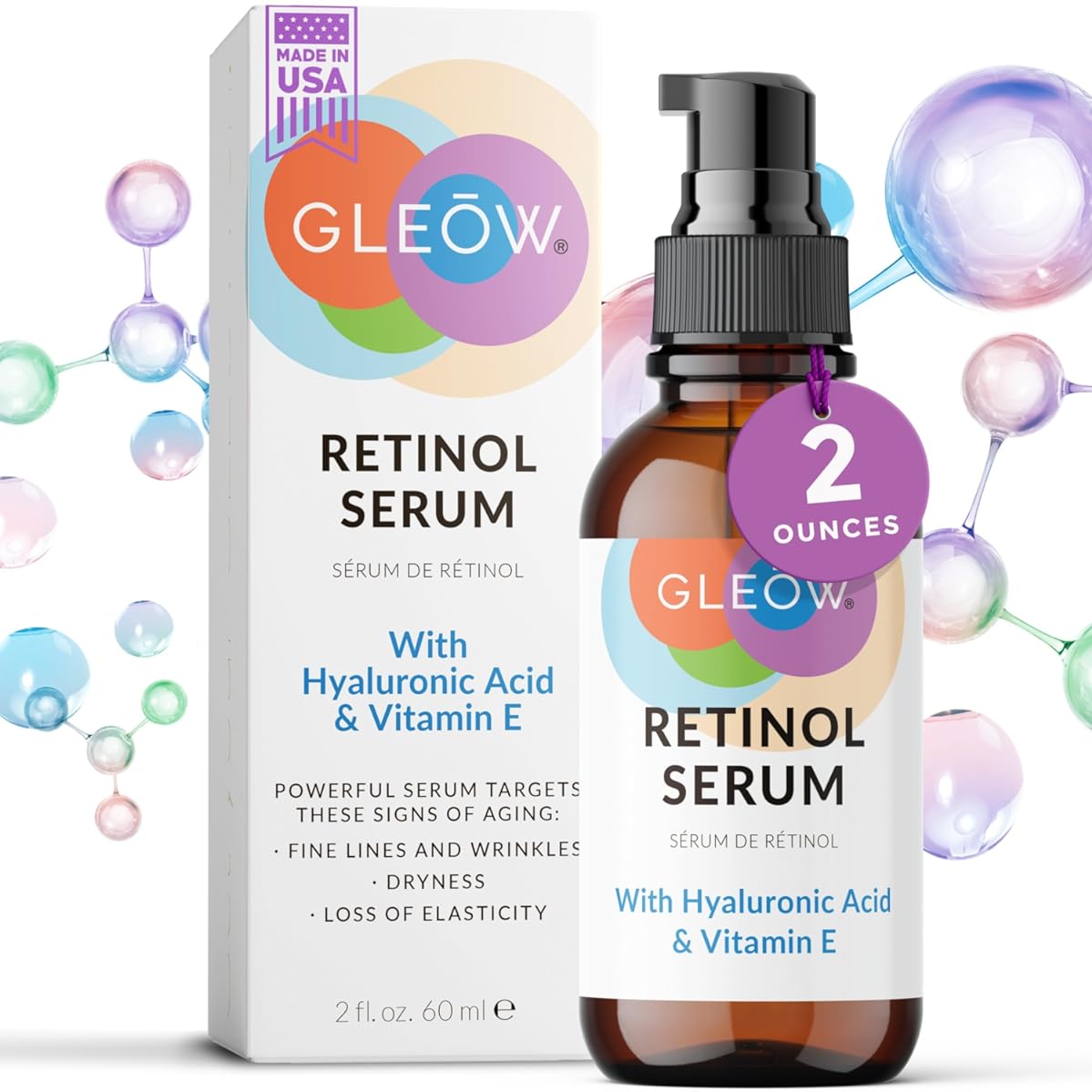 GLEOW New 2024 Retinol Serum for Face with Hyaluronic Acid Face Serum for Women, Hydrating Night Serum for Face, Retinol for Face Anti Aging Serum 2oz