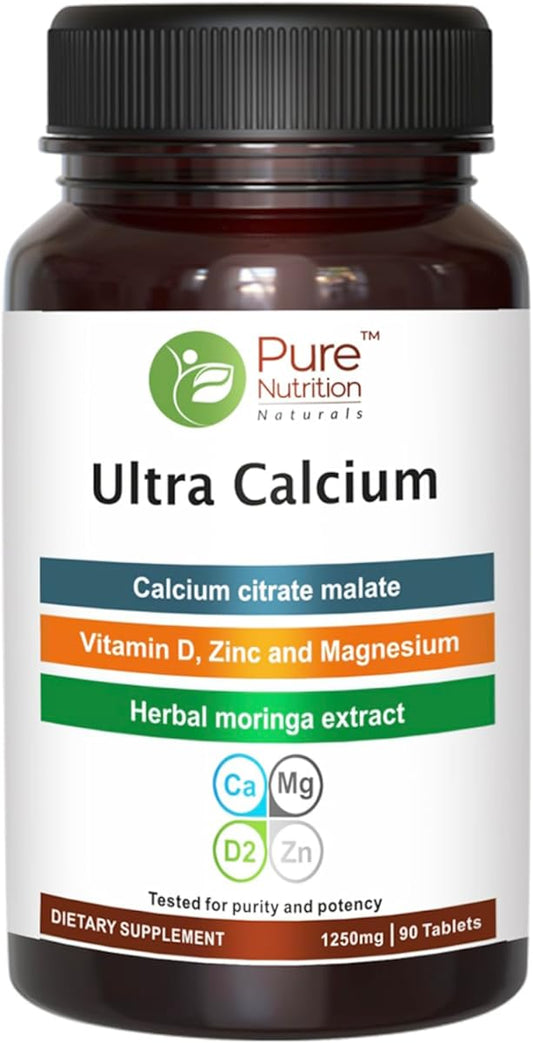 Pure Nutrition Ultra Calcium Citrate 1000mg Highly absorbable Calcium Supplement with Calcium Citrate Malate, Vitamin D, Zinc and Magnesium - 1 Tablet Daily (90 Veg Tabs) Non-GMO | Gluten-Free